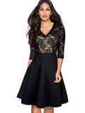 Women Business Vintage Black Flower Elegant Lace Ruffle, See Through Sleeve A-Line Pinup Business Women Flare Dress