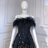 Dress - Black A-Line Feather Beaded Evening Dresses Gowns
