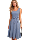 Summer Casual Plaid Cottagecore Dress with Sash A-Line Women Flare Swing Dress