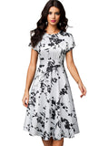 Business Vintage Elegant Floral Print Pleated Round Neck A-Line Pinup Women Flare Swing Dress