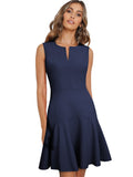 Women Business Classy V Neckline Plain Sleeveless Dress - Formal Business Flare Dress