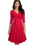 Women Pure Color with Sash Retro Business, Cocktail, Party Flare Swing Women Dress