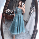 Dress - Turquoise Luxury Ankle Length Evening Dress, One Shoulder Beading Pary Gown