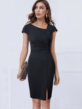 Women Business Elegant Front Split Office Plain Dress - Business Formal Vintage Bodycon Slim Dress