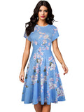 Business Vintage Elegant Floral Print Pleated Round Neck A-Line Pinup Women Flare Swing Dress