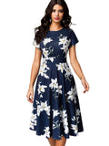 Business Vintage Elegant Floral Print Pleated Round Neck A-Line Pinup Women Flare Swing Dress