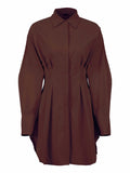 Women Dress - Ladies Bodycon Dress, Khaki Long Sleeve Pleated Shirt Dress, Office Ladies, Solid Lapel Casual Mini Dress