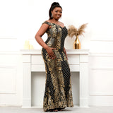 Plus Size Evening Dress - Women Off Shoulder Black Gold Sequin Evening Dress