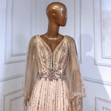 Evenign Dress - Brown Split Luxury A-Line Beaded Evening Dress