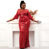 Plus Size Evening Dress - Stretch Bright Red Sequin Evening Long Sleeve Dress