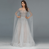 Dress - Sliver Arabic Luxury Beading Cape Sleeves A-Line Evening Dress