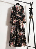 Summer Dress - Elegant Floral Print Summer Casual O Neck Long Sleeve Chiffon