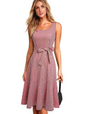 Summer Casual Plaid Cottagecore Dress with Sash A-Line Women Flare Swing Dress