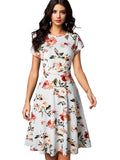 Business Vintage Elegant Floral Print Pleated Round Neck A-Line Pinup Women Flare Swing Dress