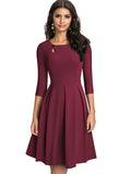 Women Autumn Vintage Solid Color with Button Business Dress, A-Line Women Flared Swing Dress