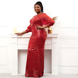 Plus Size Evening Dress - Stretch Bright Red Sequin Evening Long Sleeve Dress