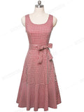 Summer Casual Plaid Cottagecore Dress with Sash A-Line Women Flare Swing Dress