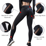 Leggings - High Waist Fitness Leggings For Women - Workout Women Mesh And PU Leather Patchwork Joggings