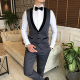 Men Suits - Italian Cut Groom Suit: Jacket + Vest + Trousers Dobby Suit Set - Anthracite