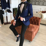 Men Suits - Italian Cut Suits: Jacket + Vest + Trousers Groom Suit Set - Navy Blue Dobby