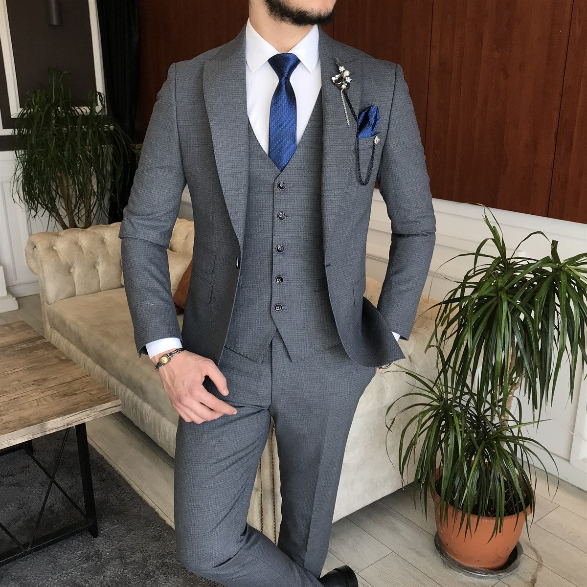 Italian Style Men Slim Fit Suit: Jacket + Vest + Pants - Gray Color
