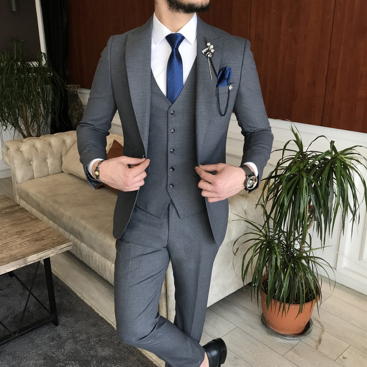 Men Suits - Italian Style Men Slim Fit Suit: Jacket + Vest + Pants - Gray  Color - Gray / 44