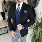 Men Suits - Italian Style Men Slim Fit Suit: Jacket + Vest + Pants - Navy Blue