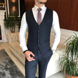 Men Suits - Italian Style Men Slim Fit Plaid Suit: Jacket + Vest + Pants - Navy Blue Color