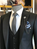 Men Suits - Italian Style Men Slim Fit Plaid Suit: Jacket + Vest + Pants - Black Color