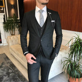 Men Suits - Italian Style Men Slim Fit Plaid Suit: Jacket + Vest + Pants - Anthracite Color