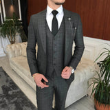 Men Suits - Italian Style Men Slim Fit Plaid Suit: Jacket + Vest + Pants - Gray Color