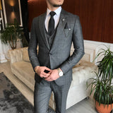 Men Suits - Italian Style Men Slim Fit Plaid Suit: Jacket + Vest + Pants - Gray Color