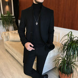 Men Coats - Italian Style Slim Fit Men's Sheer Mono Collar Wool Cachet Coat - Black Color