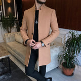 Men Coats - Italian Style Slim Fit Men's Sheer Mono Collar Wool Cachet Coat - Camel Color