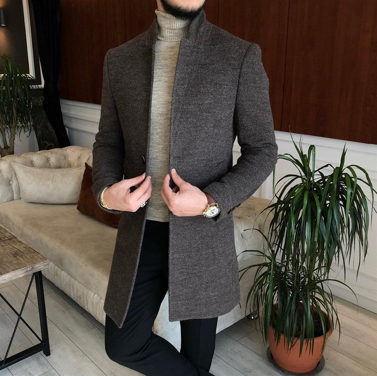 Men Coats - Italian Style Slim Fit Men's Sheer Mono Collar Wool Stamp ...