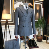 Men Suits - Italian Style Men Slim Double Breasted Suit: Jacket + Pants Combo - Gray Color