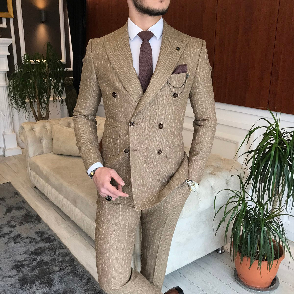 Men Suits - Italian Style Men Slim Fit Double Breasted Suit