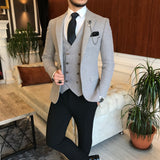 Men Suits - Italian Style Men Slim Fit Wool Suit: Jacket + Vest + Pants Combo - Gray Color